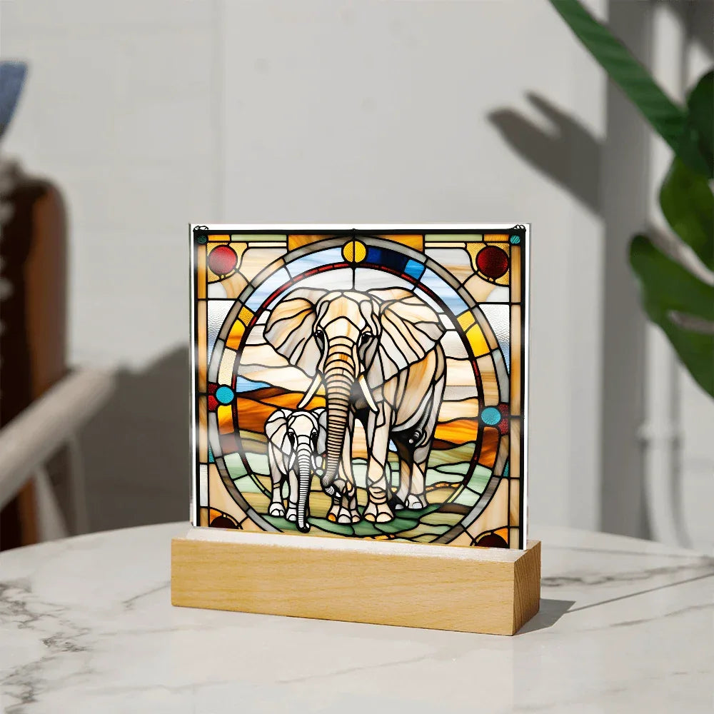 Elephant Mother and Baby Calf - Stained Glass Style LED Acrylic Plaque – A Symbol of Strength, Love, and Family