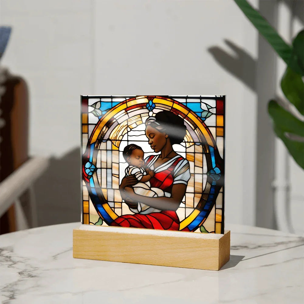 Black Mother and Baby Stained Glass Style LED Acrylic Plaque – A Powerful Tribute for New Moms and Mother's Day