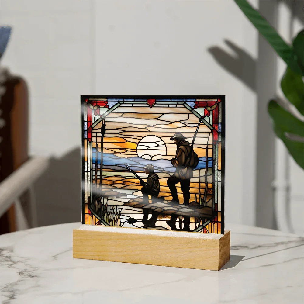 Father and Son Duck Hunting - Stained Glass Style LED Acrylic Plaque – A Meaningful Gift for Hunters and Outdoorsmen