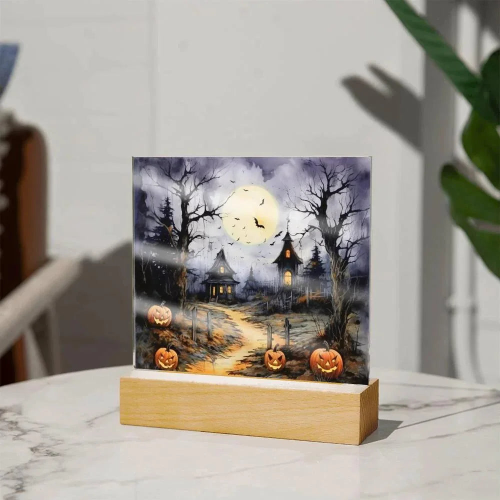Halloween Haunt: Detailed Mansion Acrylic Plaque with LED Lighted Wooden Base