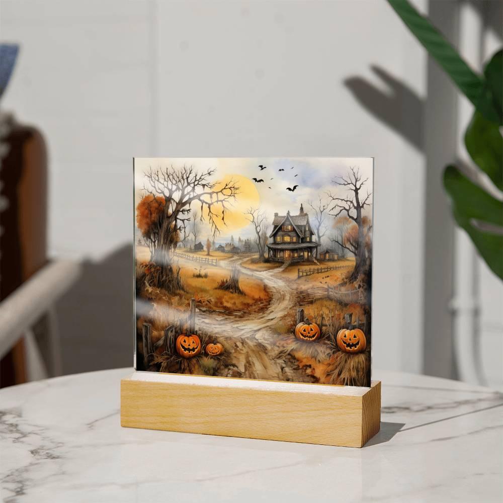 Haunted Elegance: Spooky Halloween Mansion Acrylic Square Plaque with LED Lighted Wooden Base - Mallard Moon Gift Shop
