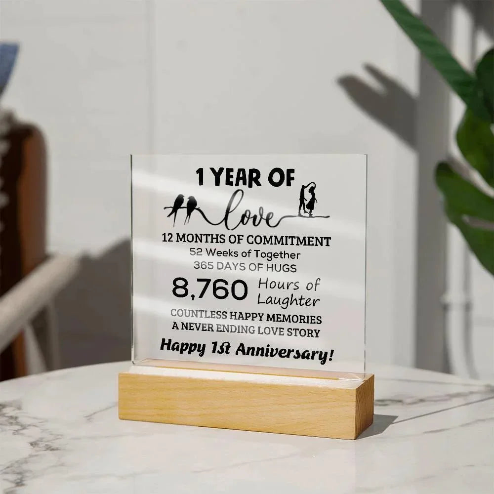 Anniversary Gift One Year of Love, Countless Happy Memories Acrylic Square Plaque with LED Wooden Base