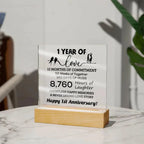 Anniversary Gift One Year of Love, Countless Happy Memories Acrylic Square Plaque with LED Wooden Base