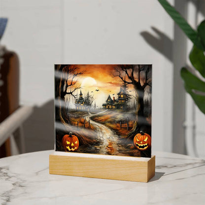 Twilight Terrace: Eerie Mansion Halloween Acrylic Plaque - Mallard Moon Gift Shop