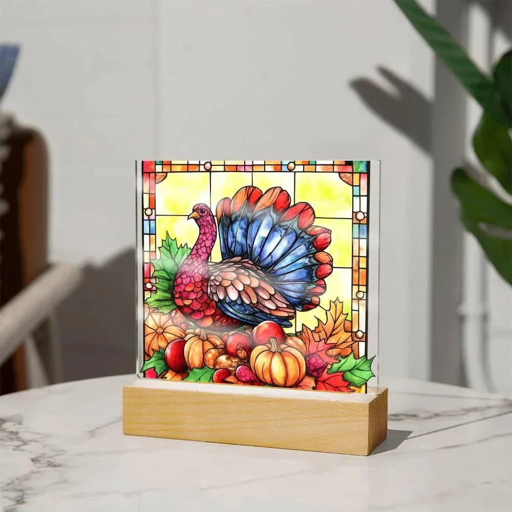 Thanksgiving Turkey Stained-glass Acrylic Square LED Lighted Wooden Base