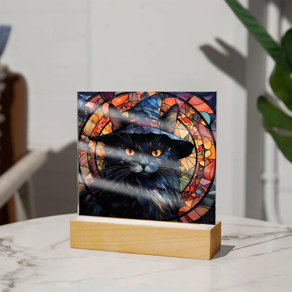Halloween Decor - Spooky Black Cat Acrylic Square Plaque with LED Wooden Base - Mallard Moon Gift Shop
