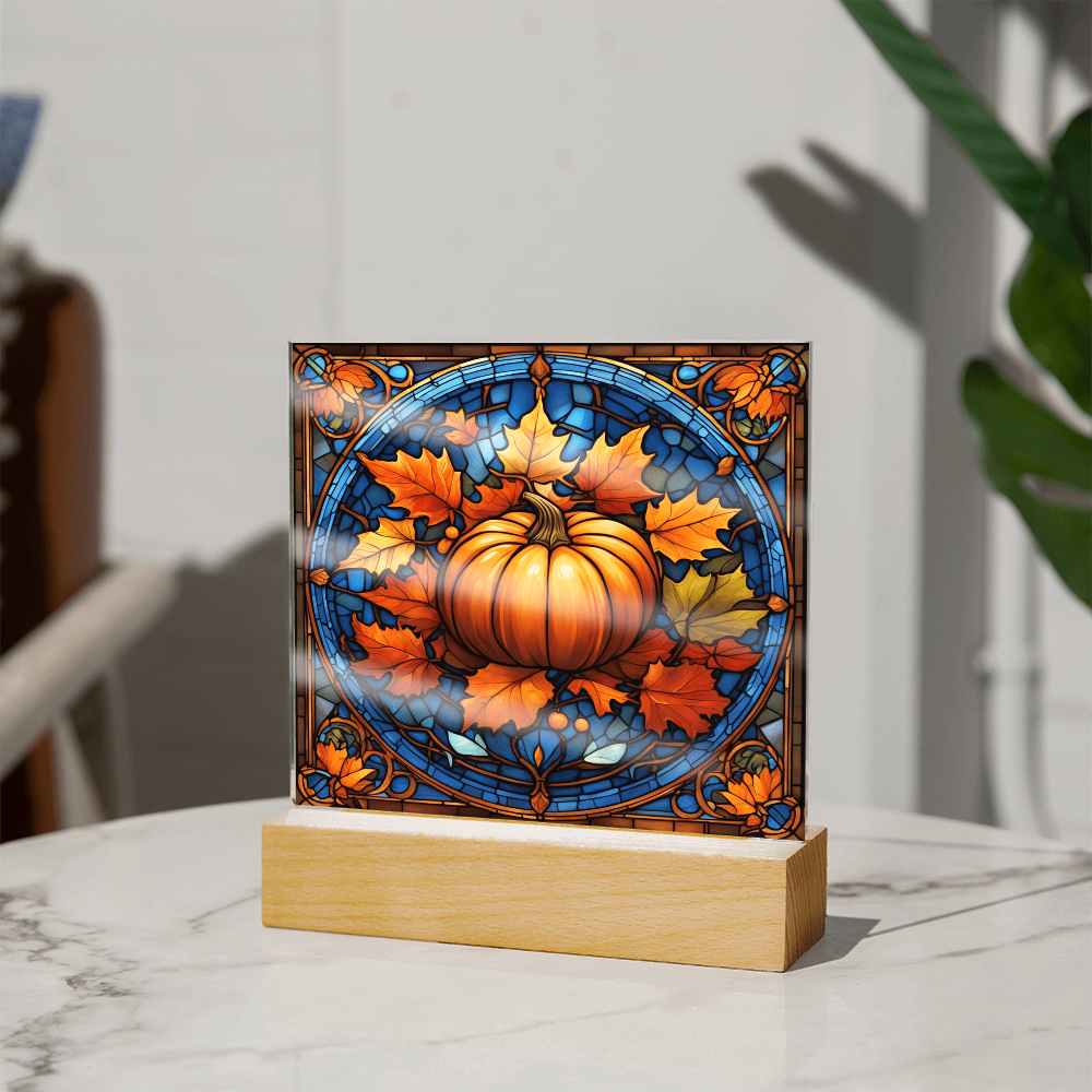 Stained Glass Pumpkin Acrylic Plaque – Elegant Thanksgiving Home Décor | Fall Harvest LED Light Display