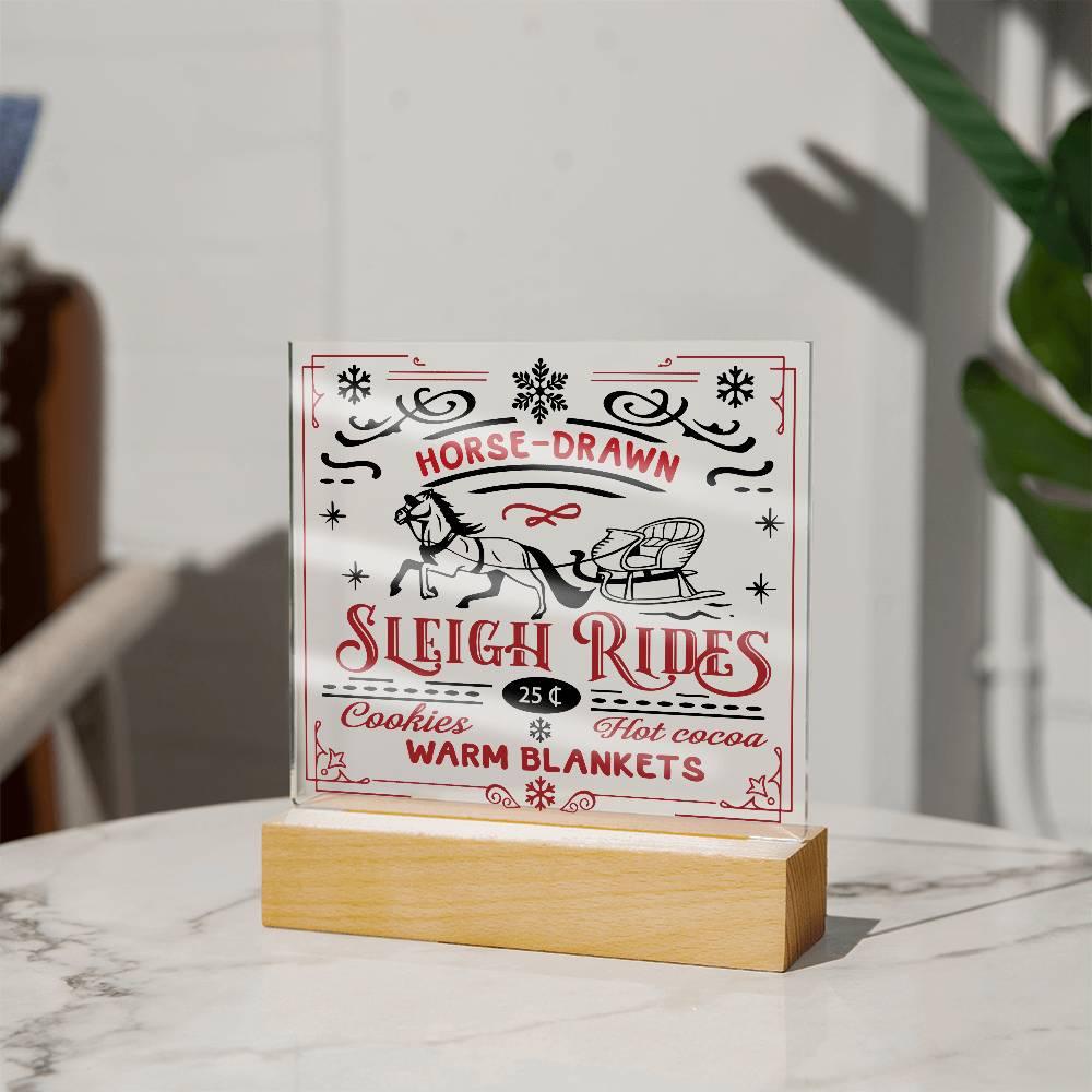 Christmas Horse Drawn Sleigh Rides Acrylic Square Plaque with LED Wooden Base - Mallard Moon Gift Shop