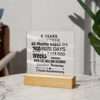Anniversary Gift Five Years Together Acrylic Square Plaque with Lighted LED Wooden Base