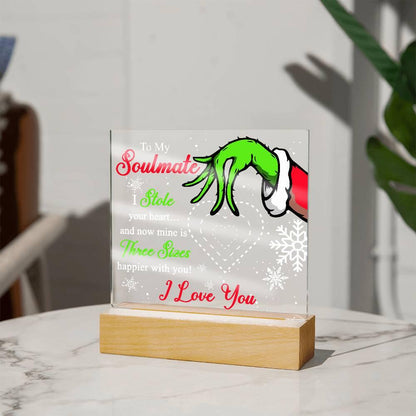 Soulmate Gift - Stole My Heart - Christmas Acrylic Plaque with Lighted LED wooden Base - Mallard Moon Gift Shop