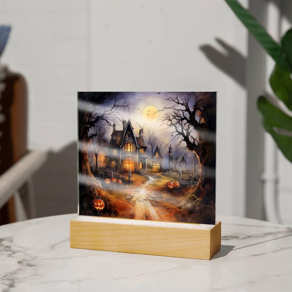 Ghostly Manor: Halloween Acrylic Square Plaque with LED Lighted Wooden Base - Mallard Moon Gift Shop