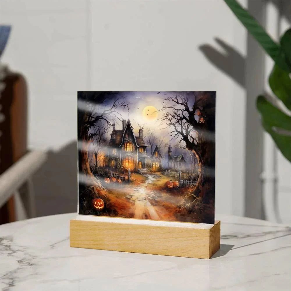 Ghostly Manor: Halloween Acrylic Square Plaque with LED Lighted Wooden Base