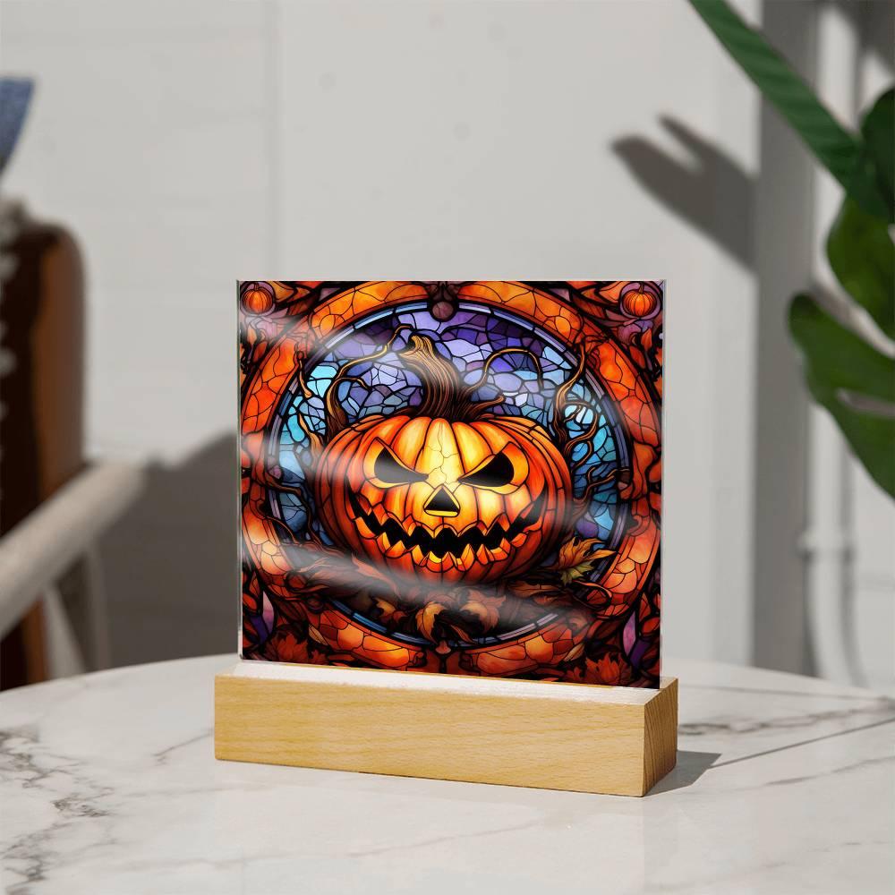 Halloween Pumpkin Stained-Glass Acrylic Square Plaque with LED Wooden Base - Mallard Moon Gift Shop