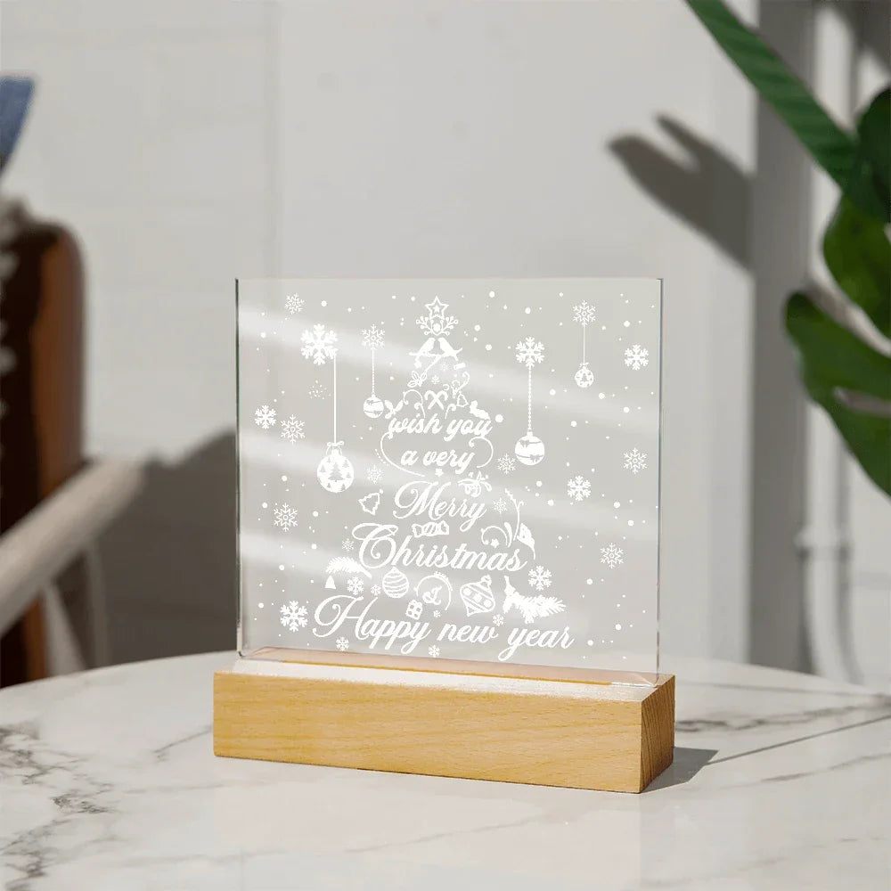 Merry Christmas & Happy New Year Acrylic Plaque – Elegant Holiday LED Light Décor | Festive Tree Design Gift