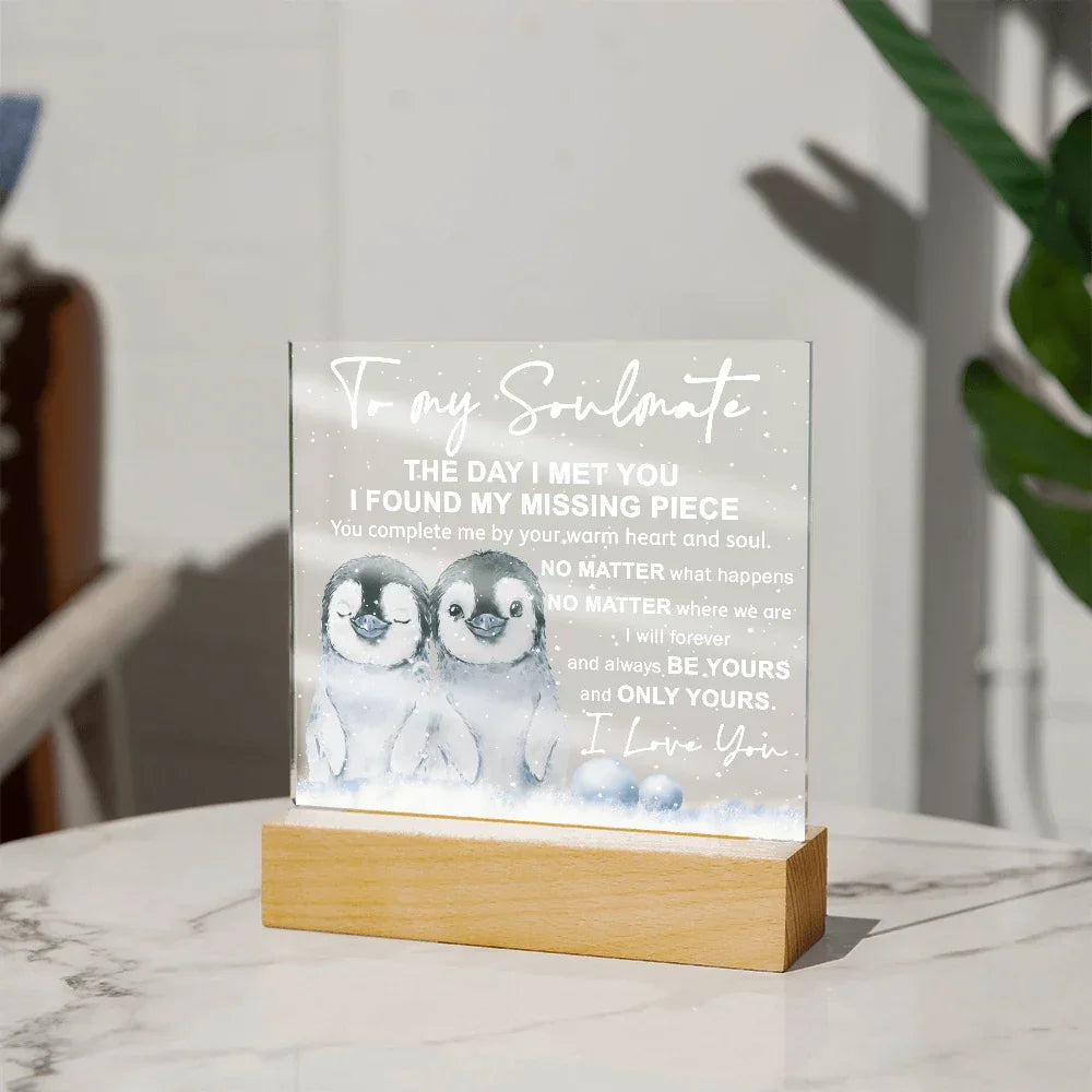 Soulmate Acrylic Plaque – Penguin Couple LED Light Gift | Romantic “You Complete Me” Christmas Keepsake