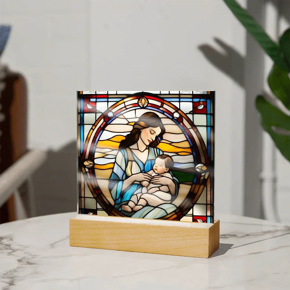 Brunette Mother and Baby - Stained Glass Style LED Acrylic Plaque – A Cherished Gift for Mother's Day or New Moms