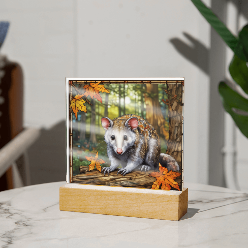 North American Opossum LED Acrylic Plaque – Autumn Forest Scene – Wooden Base (Battery or Corded) - Mallard Moon Gift Shop