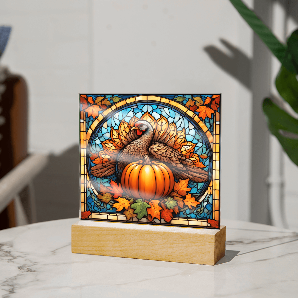 Thanksgiving Stained Glass Turkey Acrylic Plaque – Elegant Fall Home Decor with LED Light Base | Autumn Window Art Inspired Gift