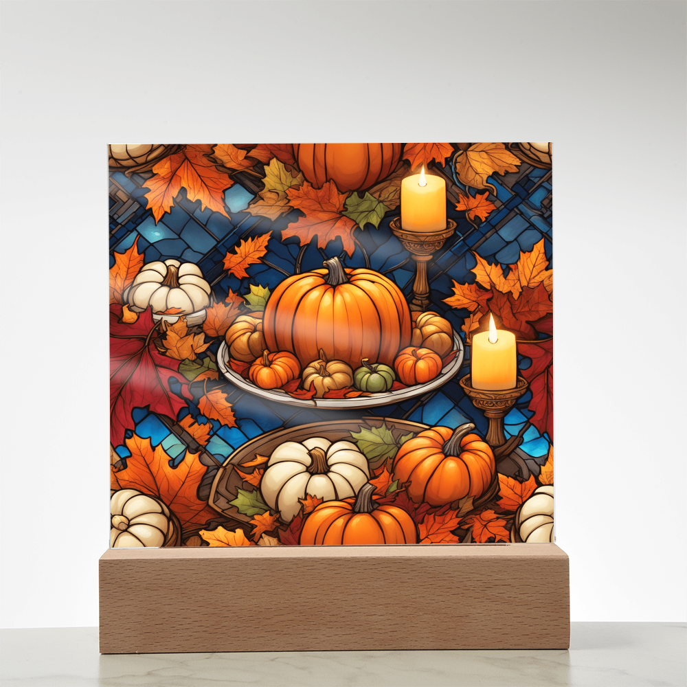 Stained Glass Pumpkin & Candle Acrylic Plaque – Thanksgiving Harvest Centerpiece | Fall Home Décor with LED Light Base