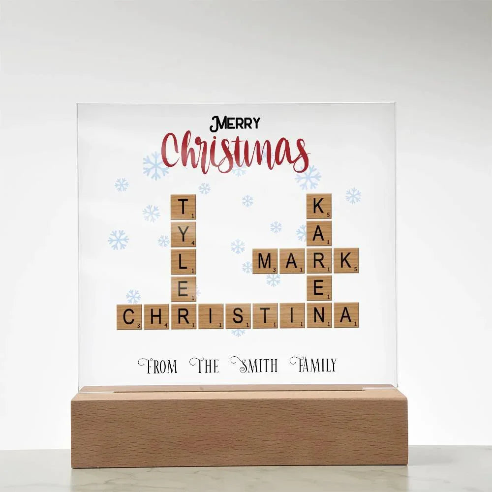 Personalized Crossword Puzzle Merry Christmas Acrylic Plaque with Lighted LED Wooden Base