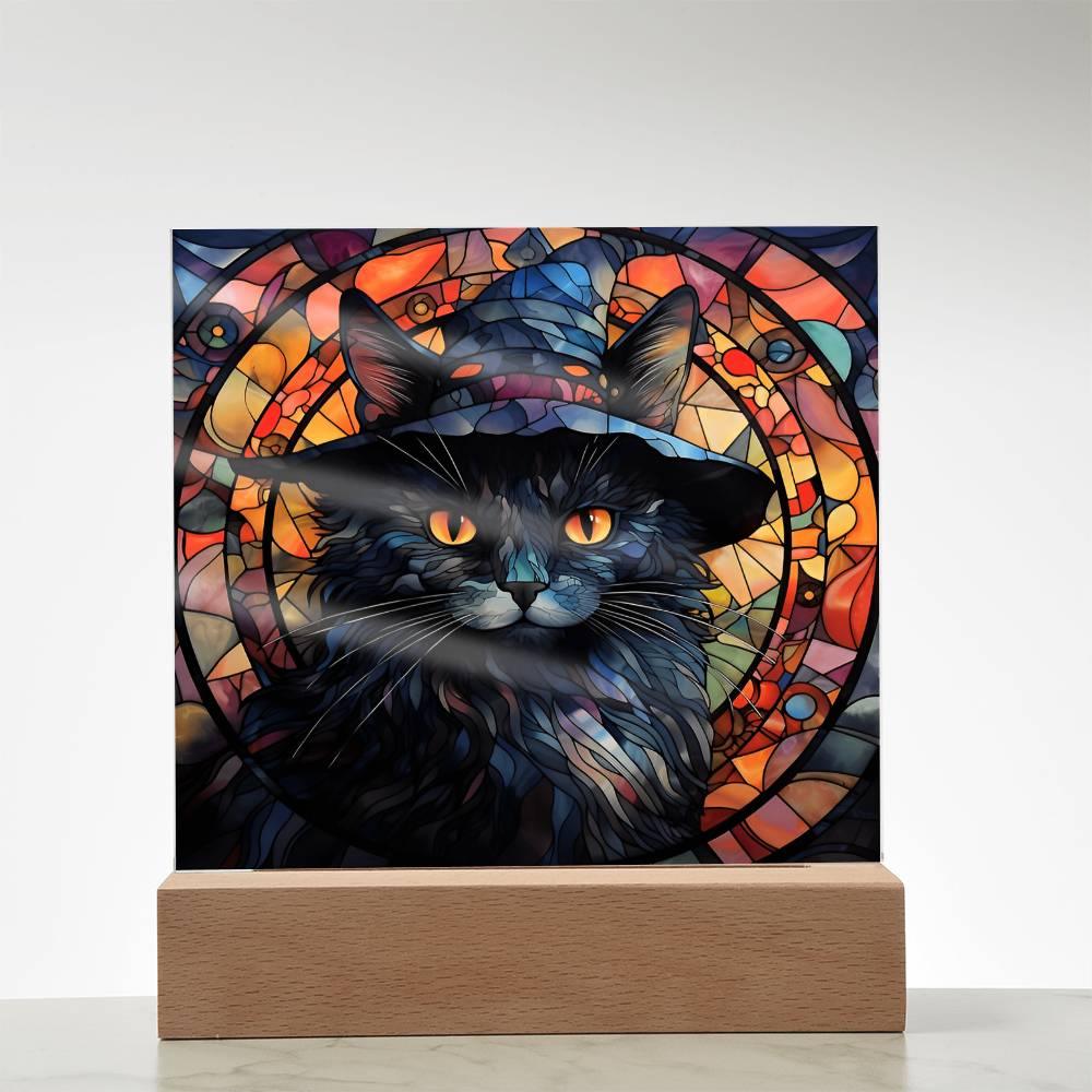 Halloween Decor - Spooky Black Cat Acrylic Square Plaque with LED Wooden Base - Mallard Moon Gift Shop