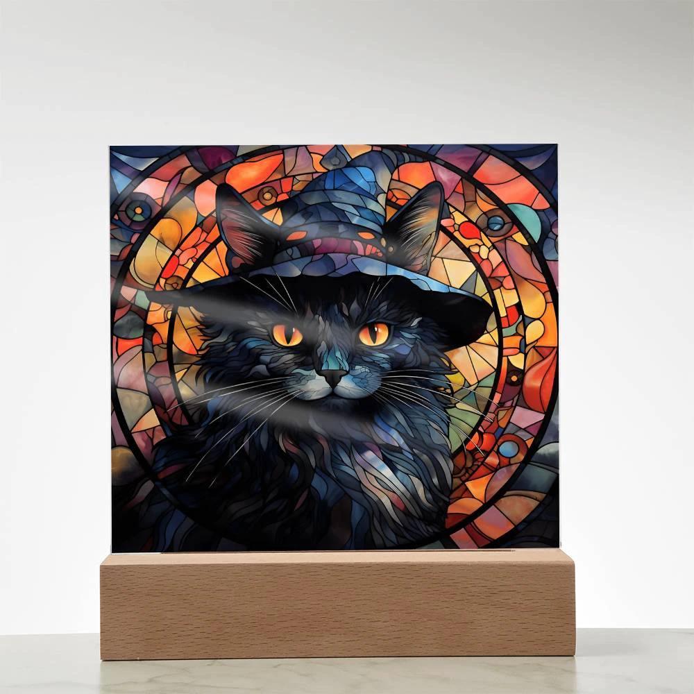 Halloween Decor - Spooky Black Cat Acrylic Square Plaque with LED Wooden Base