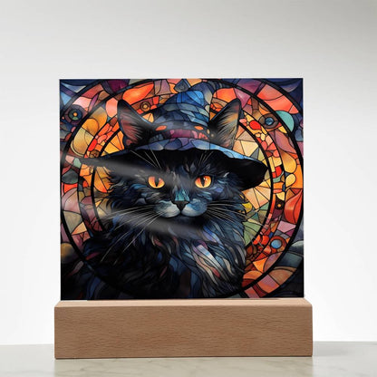 Halloween Decor - Spooky Black Cat Acrylic Square Plaque with LED Wooden Base - Mallard Moon Gift Shop