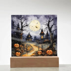 Halloween Haunt: Detailed Mansion Acrylic Plaque with LED Lighted Wooden Base