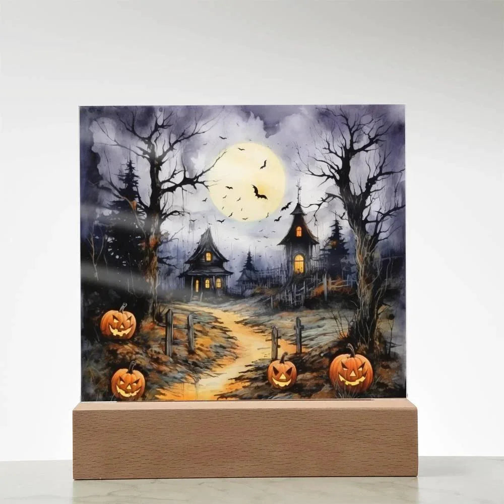 Halloween Haunt: Detailed Mansion Acrylic Plaque with LED Lighted Wooden Base