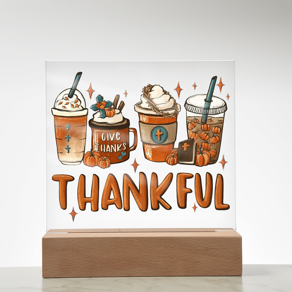 Thankful Coffee Acrylic Plaque – Cozy Fall Décor Gift for Coffee Lovers | “Give Thanks” Autumn LED Light Display