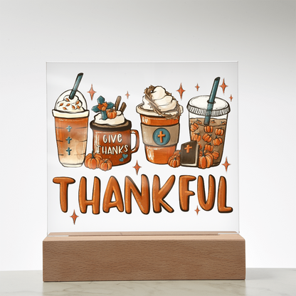 Thankful Coffee Acrylic Plaque – Cozy Fall Décor Gift for Coffee Lovers | “Give Thanks” Autumn LED Light Display