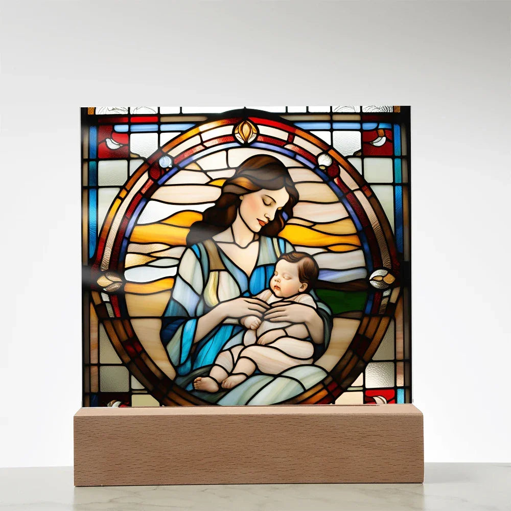 Brunette Mother and Baby - Stained Glass Style LED Acrylic Plaque – A Cherished Gift for Mother's Day or New Moms