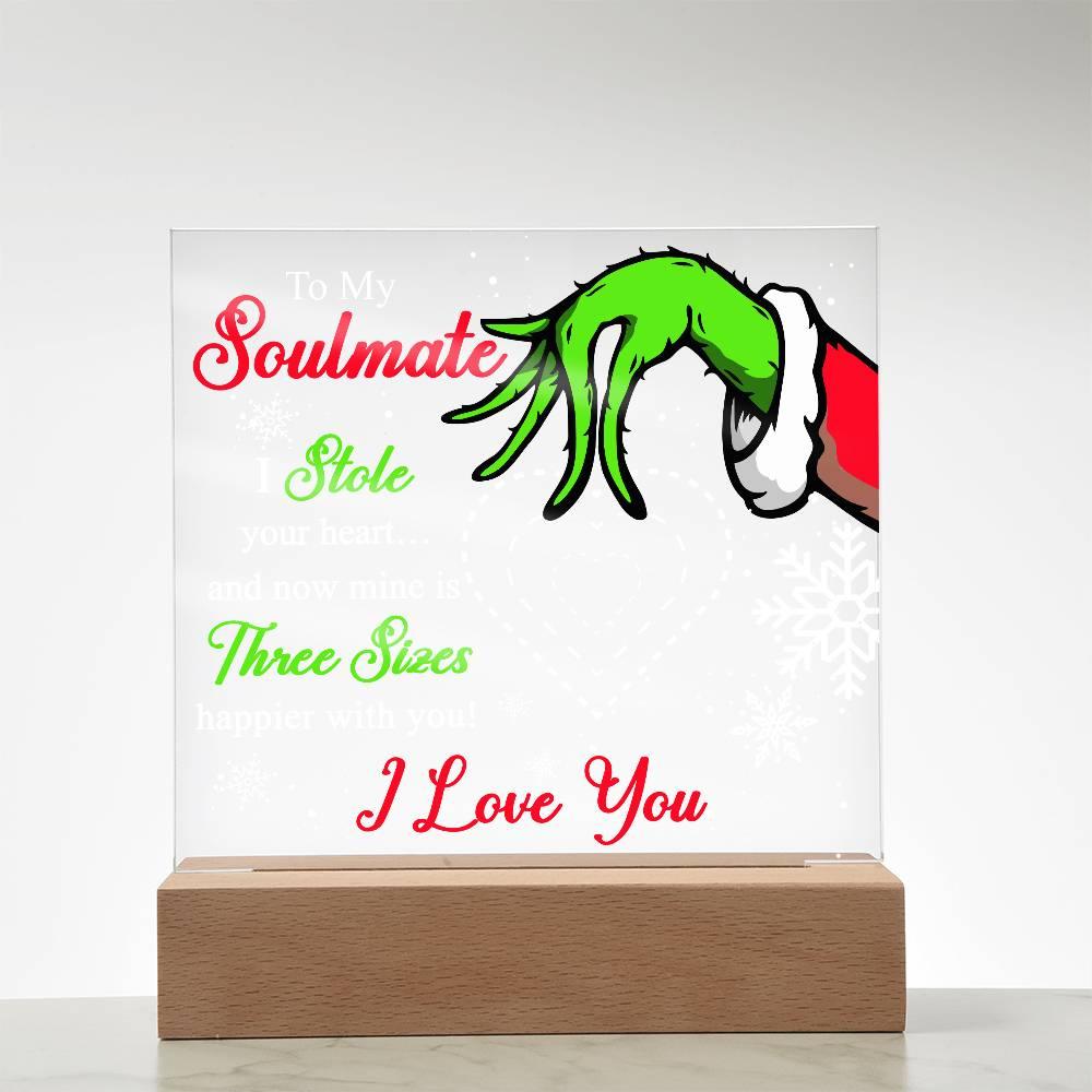Soulmate Gift - Stole My Heart - Christmas Acrylic Plaque with Lighted LED wooden Base - Mallard Moon Gift Shop