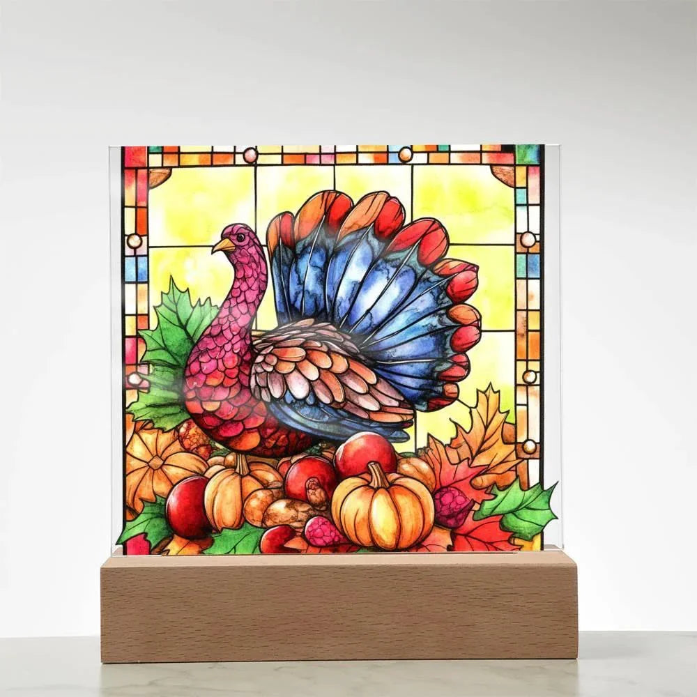Thanksgiving Turkey Stained-glass Acrylic Square LED Lighted Wooden Base