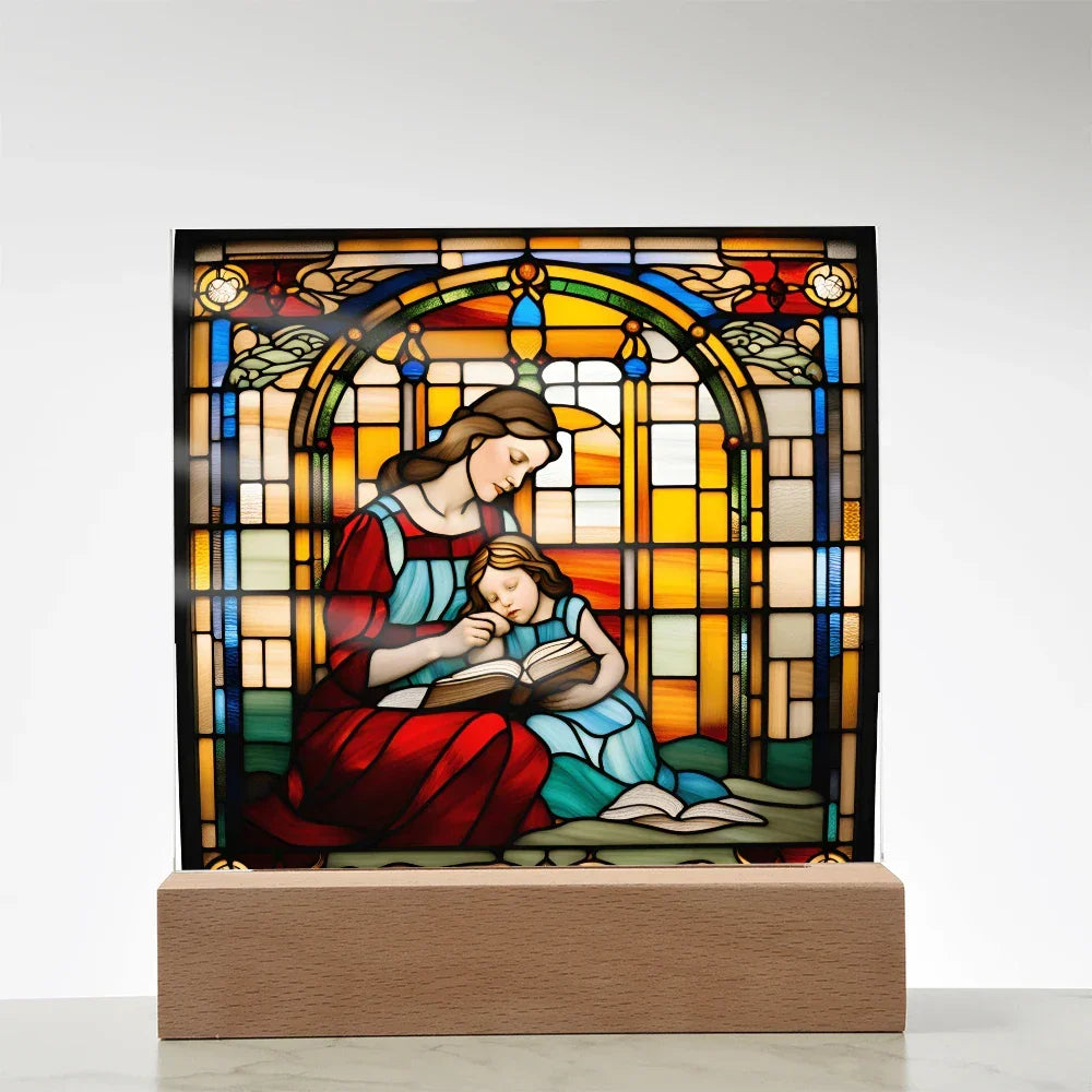 Mother and Child Reading Together Stained-Glass Style LED Acrylic Plaque – A Heartfelt Gift for Moms and Book-Loving Families
