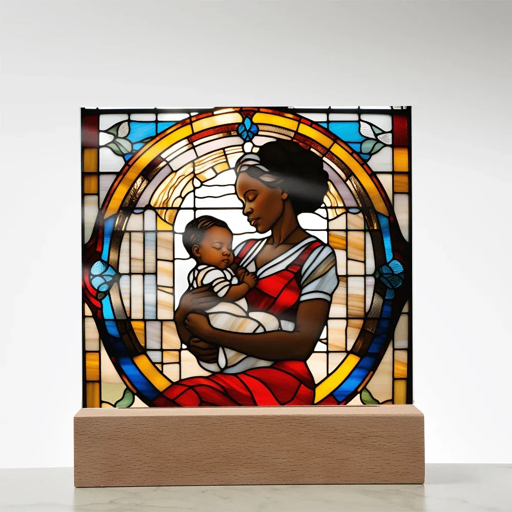 Black Mother and Baby Stained Glass Style LED Acrylic Plaque – A Powerful Tribute for New Moms and Mother's Day