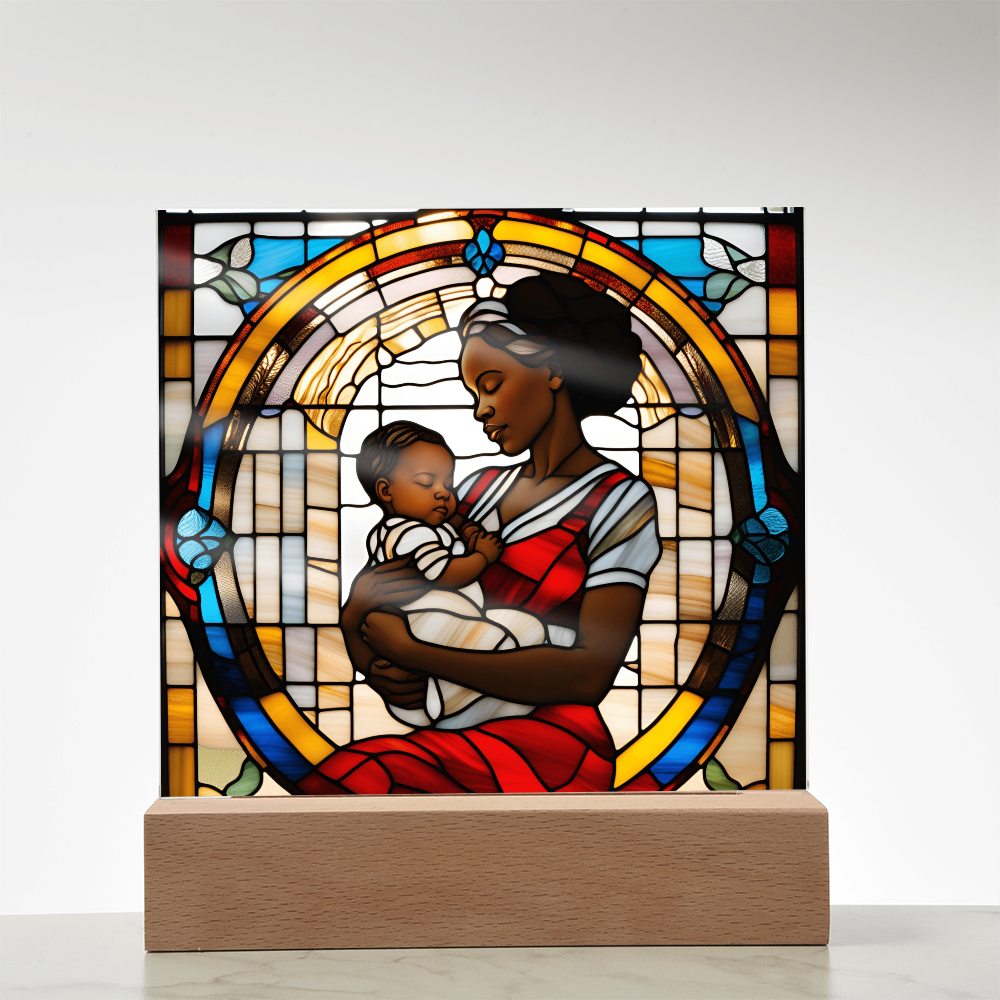 Black Mother and Baby Stained Glass Style LED Acrylic Plaque – A Powerful Tribute for New Moms and Mother's Day - Mallard Moon Gift Shop