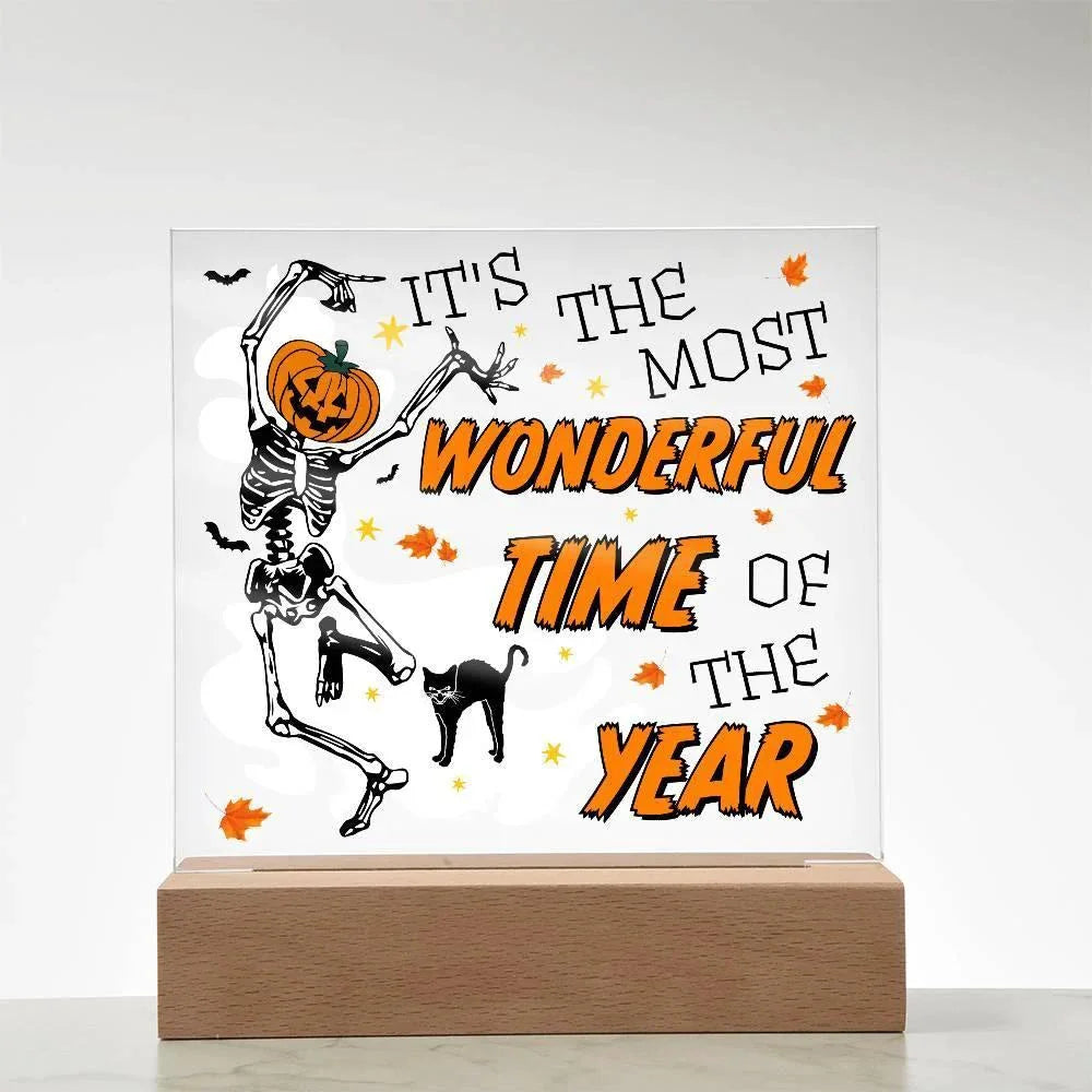 Halloween Decor - The Most Wonderful Time of the Year Acrylic Square Plaque with LED Wooden Base