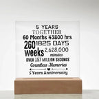 Anniversary Gift Five Years Together Acrylic Square Plaque with Lighted LED Wooden Base