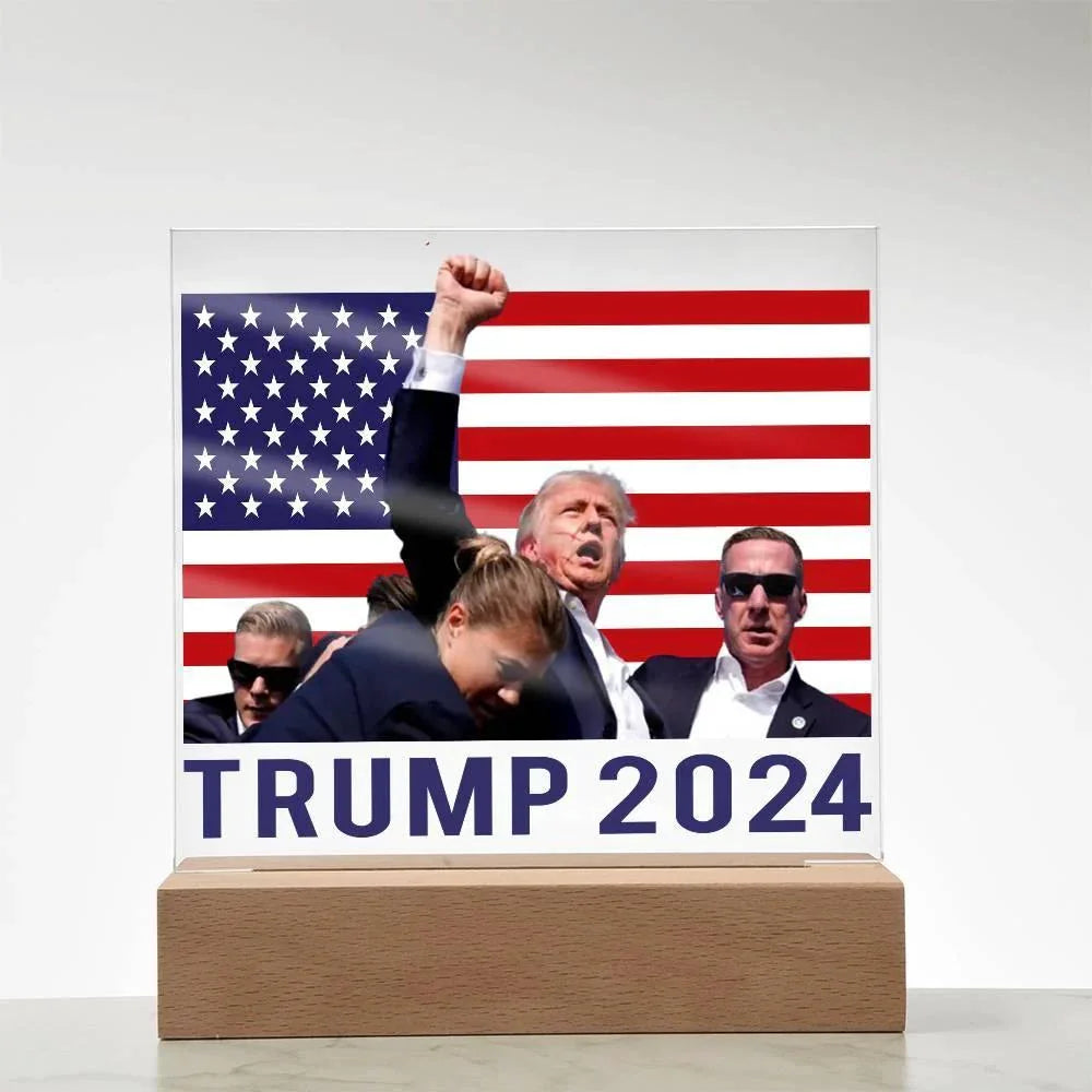 Trump 2024 Butler Rally Acrylic Plaque with LED Lighted Wooden Base