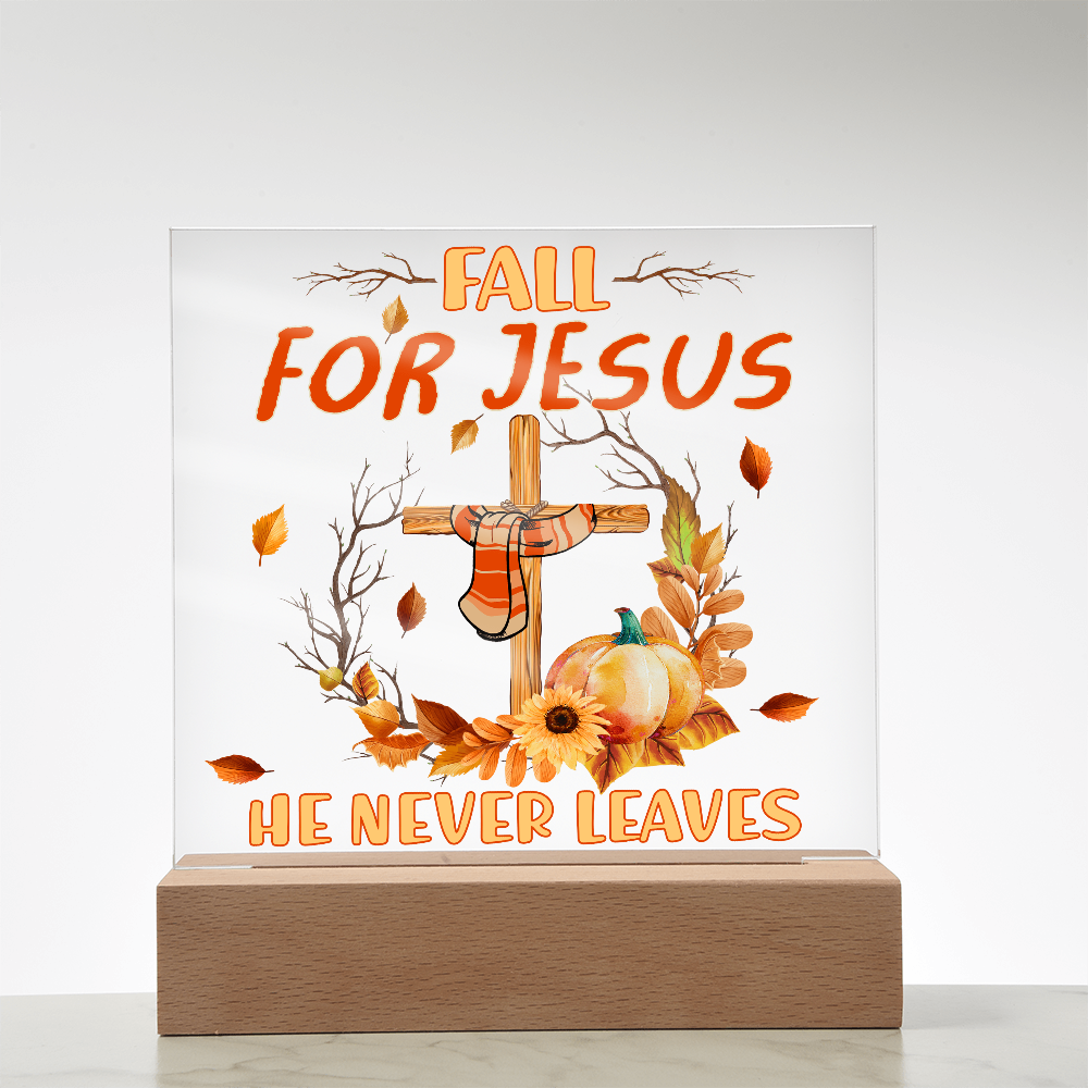 Fall for Jesus Acrylic Plaque – Christian Fall Décor with Cross and Pumpkins | Faith-Based LED Light Display Gift