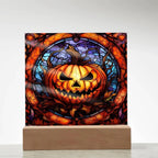 Halloween Pumpkin Stained-Glass Acrylic Square Plaque with LED Wooden Base