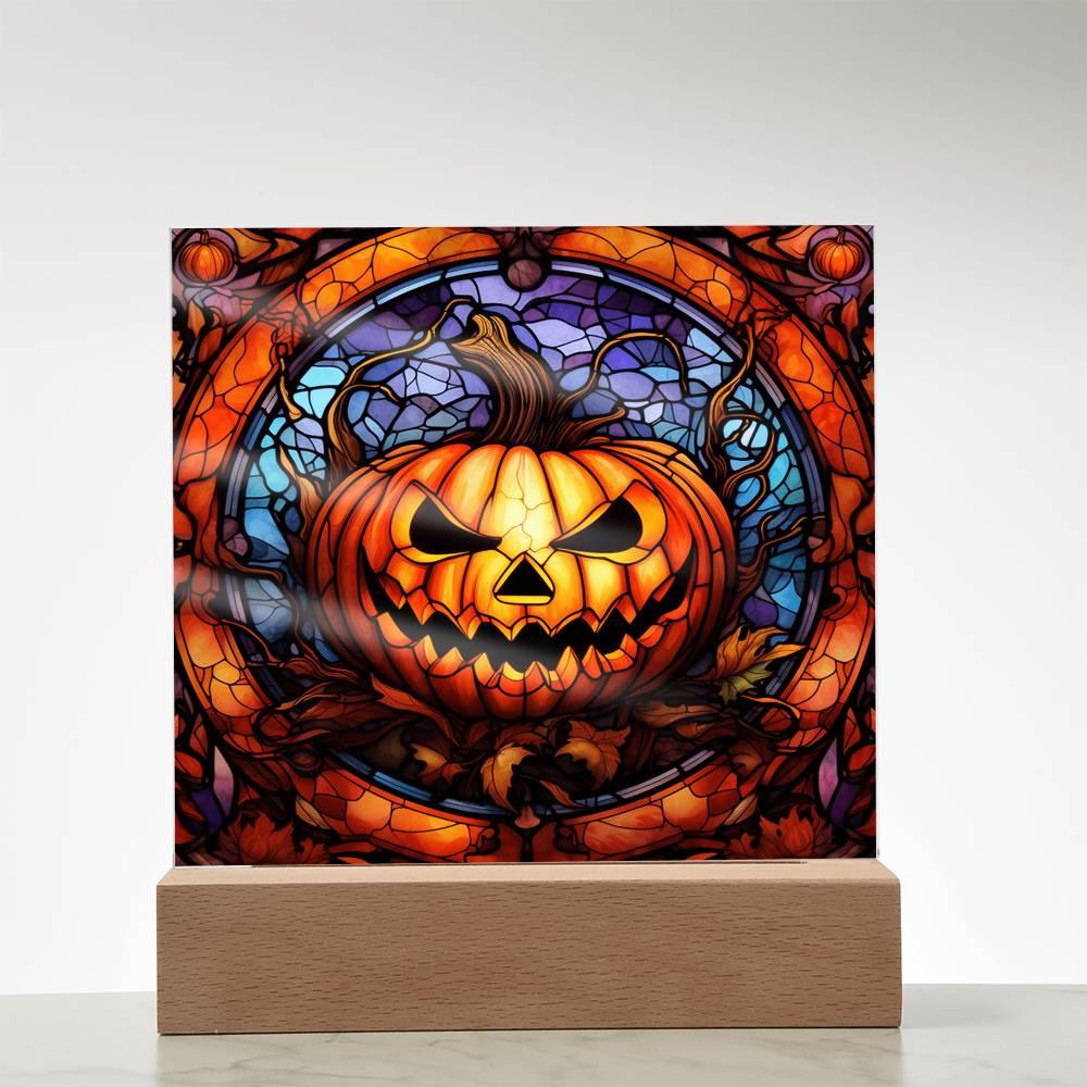 Halloween Pumpkin Stained-Glass Acrylic Square Plaque with LED Wooden Base - Mallard Moon Gift Shop