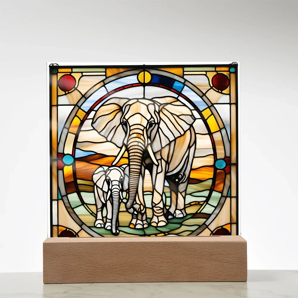 Elephant Mother and Baby Calf - Stained Glass Style LED Acrylic Plaque – A Symbol of Strength, Love, and Family