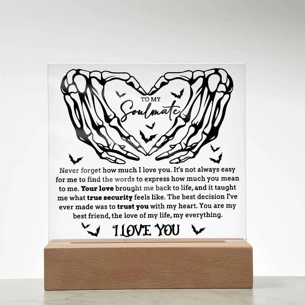 Soulmate - True Security - Halloween Acrylic Square Plaque with LED Lighted Wooden Base
