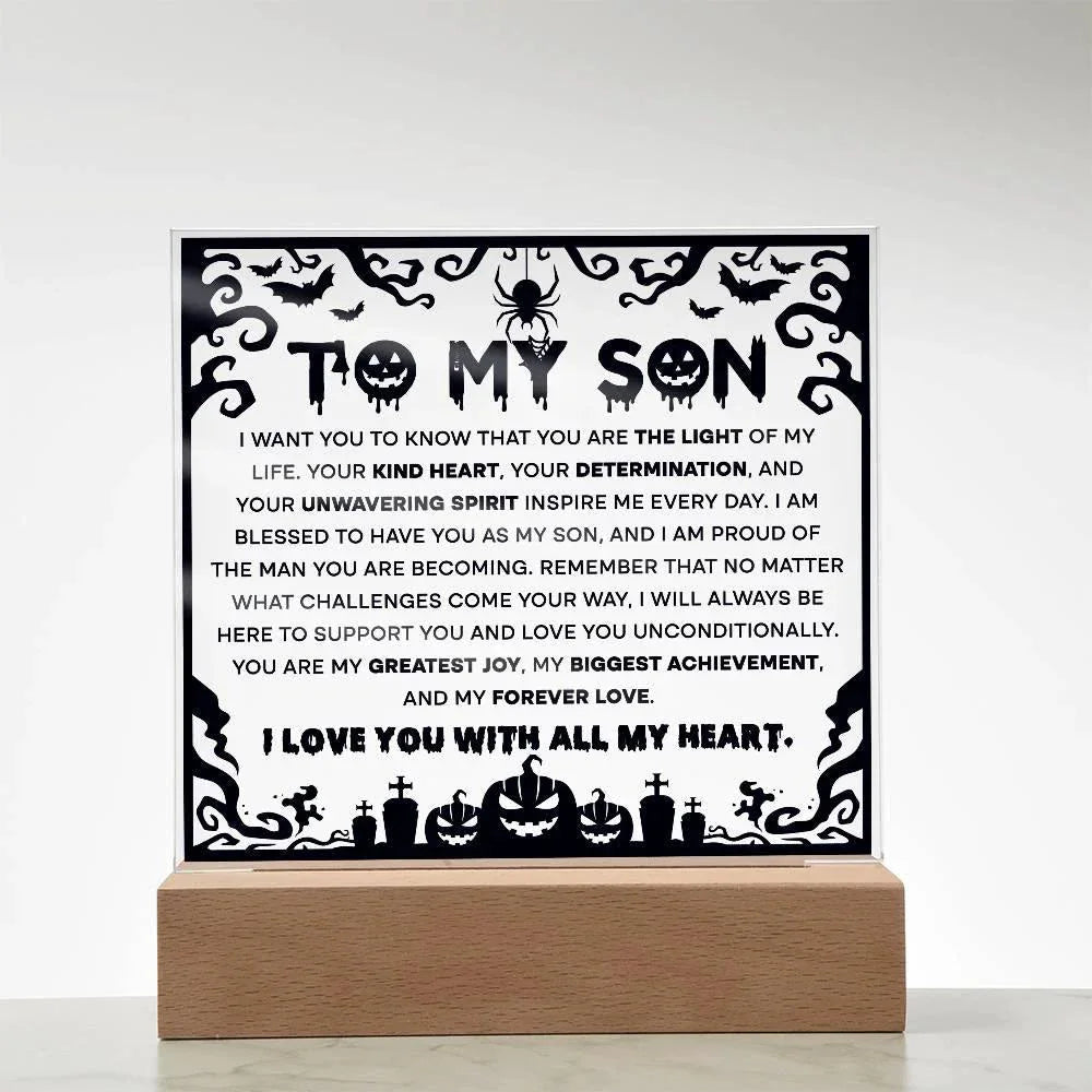 Son - Proudest Achievement - Halloween Acrylic Square Plaque with LED Wooden Base