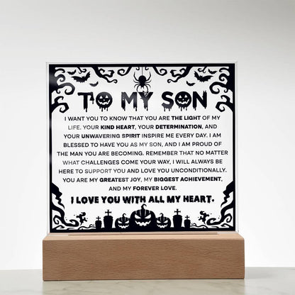 Son - Proudest Achievement - Halloween Acrylic Square Plaque with LED Wooden Base - Mallard Moon Gift Shop