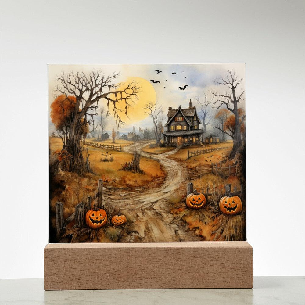 Haunted Elegance: Spooky Halloween Mansion Acrylic Square Plaque with LED Lighted Wooden Base - Mallard Moon Gift Shop