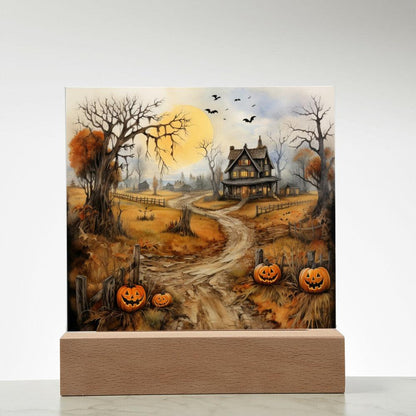 Haunted Elegance: Spooky Halloween Mansion Acrylic Square Plaque with LED Lighted Wooden Base - Mallard Moon Gift Shop