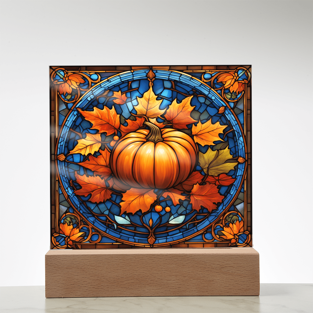 Stained Glass Pumpkin Acrylic Plaque – Elegant Thanksgiving Home Décor | Fall Harvest LED Light Display